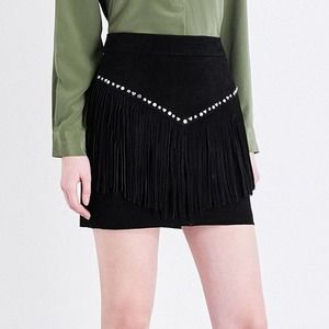 Maje Black Jaco Fringe-trimmed Suede Skirt